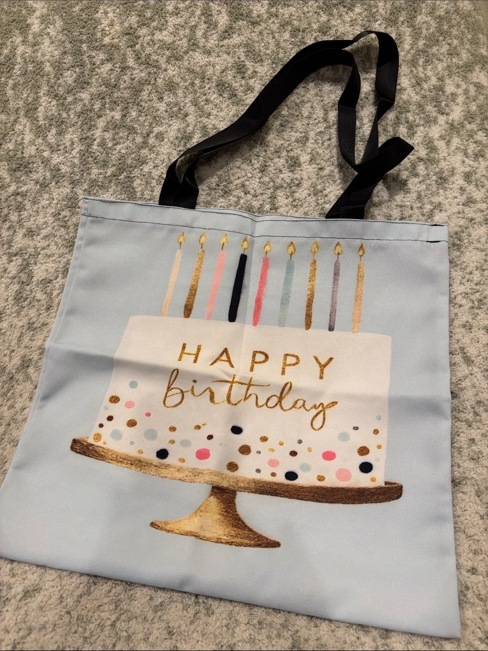 Happy Birthday Cake Light Blue Poly Canvas Tote Bag NWT 15.75x15”